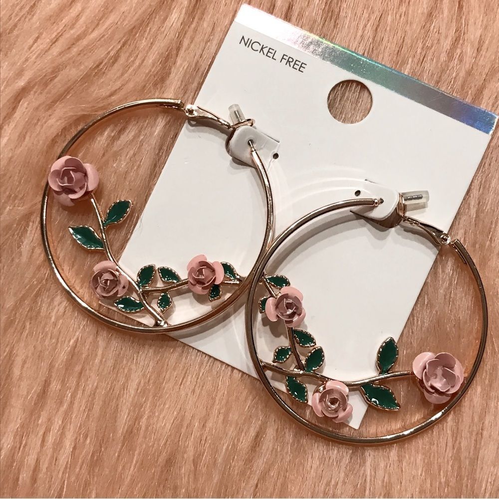 Pink Rose Hoop Earrings - Picture 1 of 6